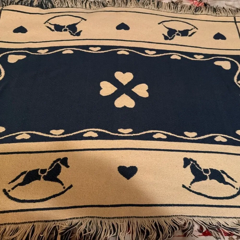 Vtg Goodwin Weavers Reversible Throw Blanket Tapestry Heart Horse 32x42 USA. GUC